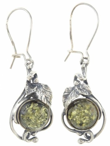 Сережки з зеленим камінням бурштину